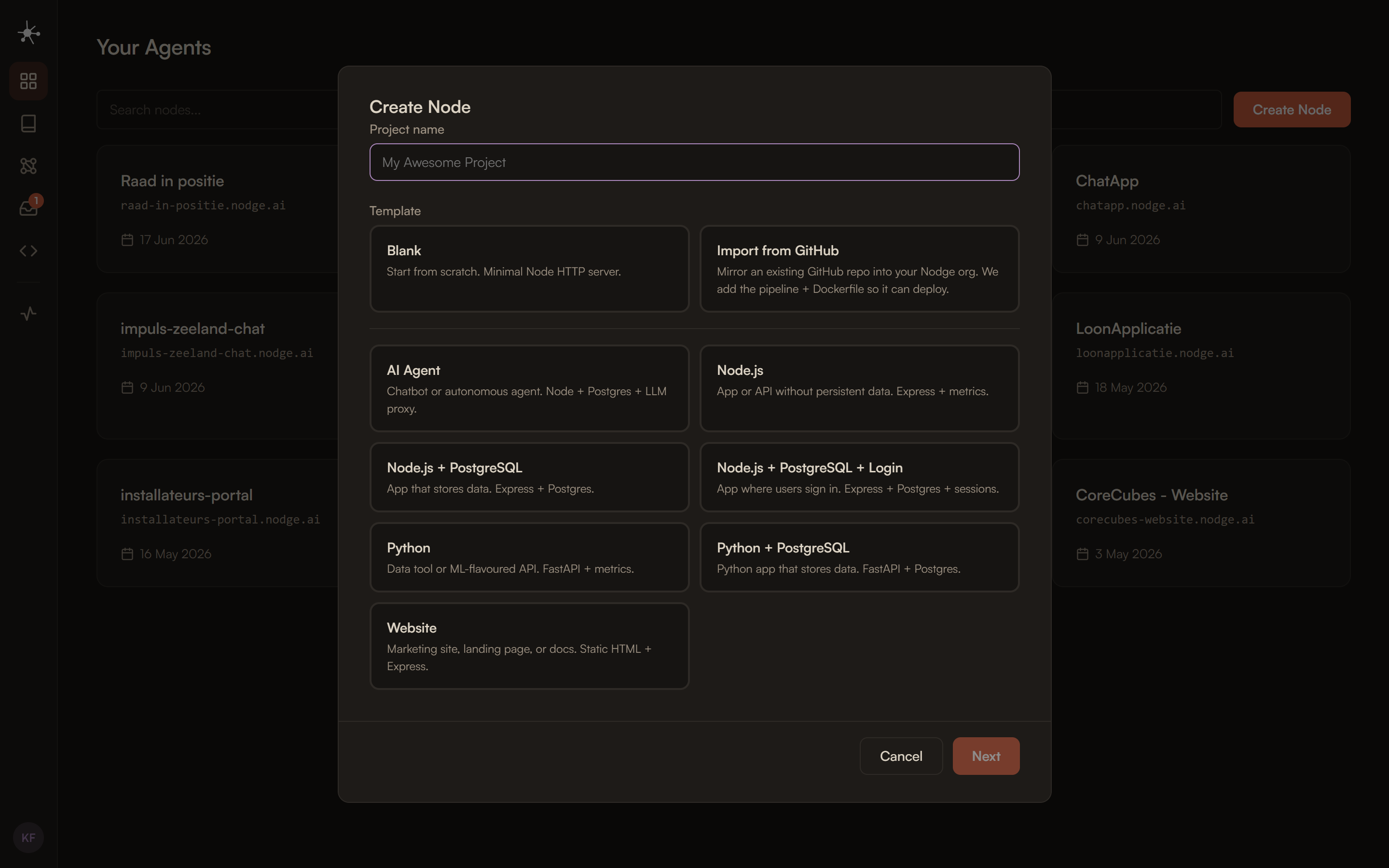 Create a new project on nodge